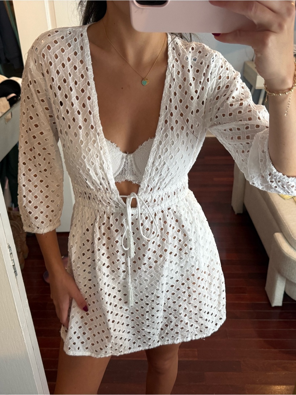 blue island White Eyelet V-Neck Swim Coverup Dress